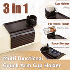 SINWANT Couch Cup Holder Tray, 2 in 1 Bamboo Couch Armrest Table Clip on Sofa Armrest Table,Foldable Anti Silp Arm Rest Side Tray for Drink Coffee Mug, Snacks, Remote - color: Black Walnut
