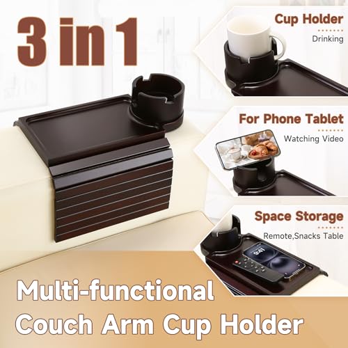 SINWANT Couch Cup Holder Tray, 2 in 1 Bamboo Couch Armrest Table Clip on Sofa Armrest Table,Foldable Anti Silp Arm Rest Side Tray for Drink Coffee Mug, Snacks, Remote - color: Black Walnut