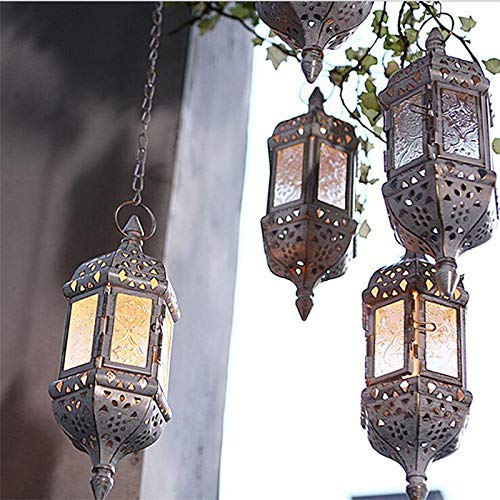 2PCS Moroccan Hanging Decorative Candle Lantern Holder Metal Tealight Candlestick Holder Glass Indoor Outdoor Candle Holder Courtyard Hanging Decoration (Vintage White) - color: Vintage White