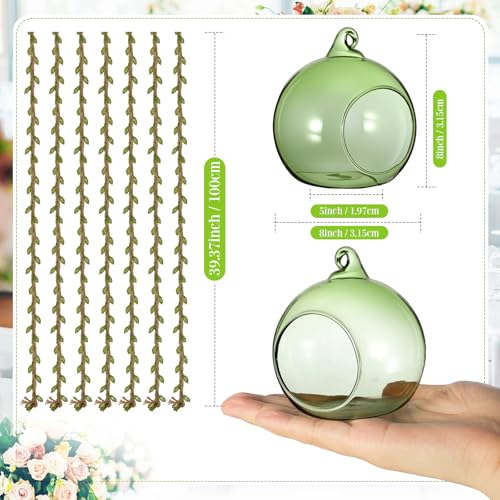 GlikCeil 13 Pcs 3.15'' Hanging Glass Candle Holder with Burlap Leaf Ribbon, Glass Orbs Air Plants Tea Light Candle Holders, Globe Plant Terrariums for Decor Indoor Outdoor Garden DIY (Green) - color: Green