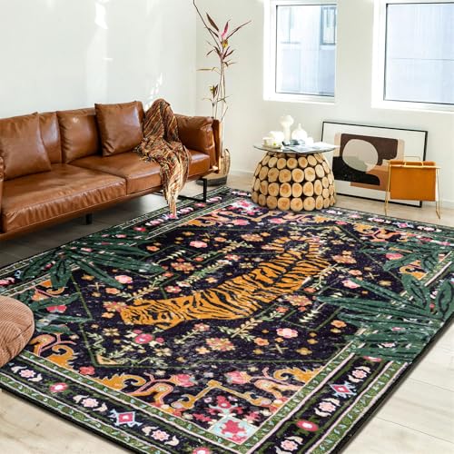 Oriental Tropical Indoor Door Mat Washable, Thin Black Boho Vintage Distressed Hippie 3x5 Throw Rugs for Bedroom Bathroom Kitchen Non-Slip Abstract Botanical Tribal Indian Entryway Carpet - color: Black, size: 3' x 5'