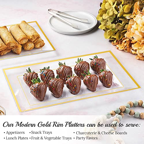Elegant Plastic Serving Tray & Platter Set (6pk) - Clear & Gold Rim Disposable Serving Trays & Platters for Food - Weddings, Upscale Parties, Dessert Table, Cupcake display - 8x13 inches - color: Clear + Gold