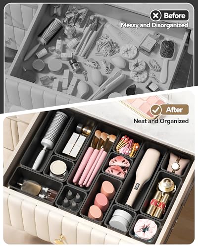 Canfanni 13 Pack Plastic Drawer Organizers Set, 3 Sizes Desk Drawer Organizer Trays for Vanity and Makeup Organizer, Organization and Storage for Makeup, Kitchen Utensils, Bathroom and Office(Black) - color: Black