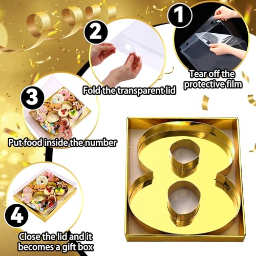 SiliFine 12" Charcuterie Number Shaped Mache with Clear Lid Fillable Sweets Serving Trays Paper Mache Cupcake Candy Box for 2025 Graduation Party Graduation Celebration(Gold,Number 8) - color: Gold, style: Number 8