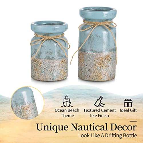 Romadedi Beach Pillar Candle Holder - Terracotta Distressed Blue Teal Ocean Theme Decor Drift Bottle Design Nautical Rustic Farmhouse Gift for Coastal Home Bathroom