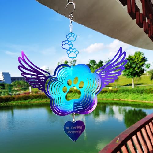 Pet Memorial Wind Spinners, Cat Memorial Gifts,Stainless Steel Angel Wings Pet Paw Print,Dogs and Cats Remembrance, Pet Sympathy,Pet Loss Bereavement Gifts - color: Purple-blue Paw Print