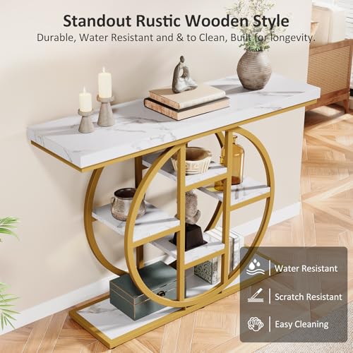 Celaform 41" Console Table, 4-Tier Entryway Table with Circle Base, Industrial Narrow Wood Sofa Accent Tables with Storage Shelves for Living Room, Hallway, Foyer (White Gold) - color: White Gold