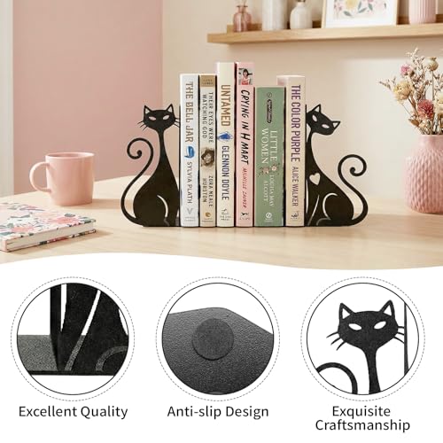 Atomic Cat Metal Bookends Set of 2 Cute Book Ends for Shelves Bookshelf Decorative Objects Home Office Desk Bookshelf Decor Gift for Cat Lovers and Reading Enthusiasts (Black) - color: Black Atomic Cat