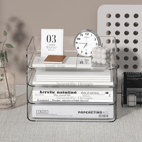 FANXIYQ 4-Tier Acrylic Paper Tray Organizer - Low-Profile Desk File Sorter for Office/Home, Clear Stackable Letter Tray for Bills, Crafts, Notebooks - color: 4-tier-horizontal, size: 12.6" x 9.6" x 11"