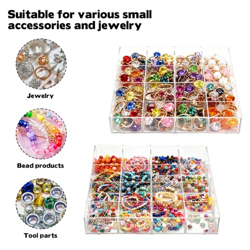 Rainmae 2 Pack 16 Grids Jewelry Organizer Box Clear Plastic Bead Craft Jewelry Organizer Display Tray Rock Collection Box Stackable Acrylic Storage Case for Rings Earrings Necklaces Rhinestone