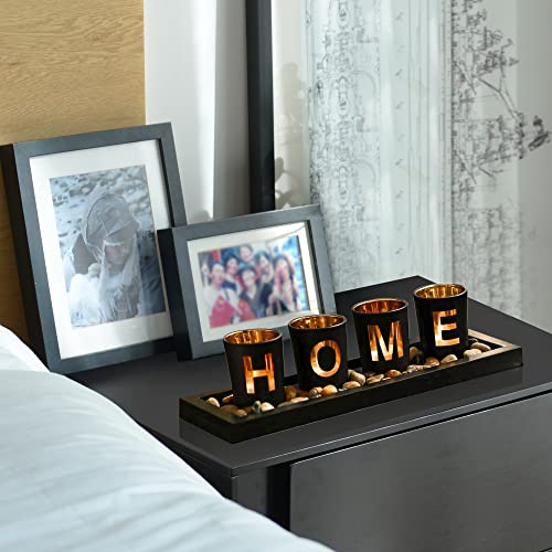 MrMrKura Home Decorative Candle Holder Set, 4 Glass Tea Light Candleholders with Wooden Candle Holders Tray, Natural Pebbles for Home Decor Table Decorations Centerpiece