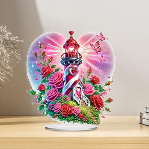5D Tabletop Diamond Art Kit Rose Lighthouse, Stand Up Special Shaped Crystal Diamond Art Desktop Kits for Adults, DIY Diamond Art Paintng Kits Craft, Box Package - color: Rose Lighthouse