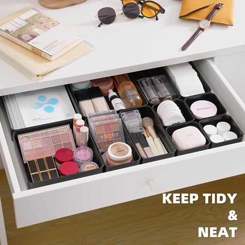 11-Piece Stackable Drawer Organizer Set, Multi-size Desk Drawer Organizer Trays Vanity Storage Bins for Storing Makeup, Stationery, Utensils in Bathroom Dresser, Office and Kitchen - color: Black