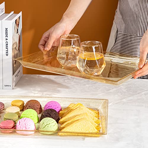I00000 6 Pack Gold Glitter Plastic Serving Tray, 15" x 10" Crooked Food Trays, Clear Disposable Serving Platter for Parties, Weddings - color: Gold Glitter