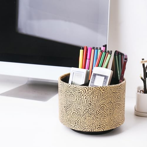 lizimandu Round Leather Art Supply Organizer,Remote Control Holder,360 Degree Spinning,Multi-Functional Pencil Holder,4 Compartments Desktop Stationary Organizer(1-Yellow Black) - color: 1-Yellow Black