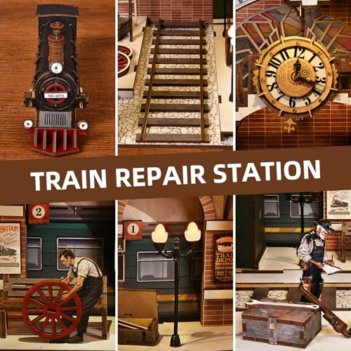 TOYQI Book Nook Kit, Book Nook Kits for Adults, DIY Miniature Dollhouse Kit 3D Wooden Puzzle Booknook Bookend with LED Light - style: Train Repair Station