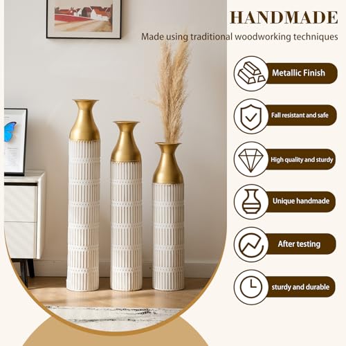 Floor Vases, Tall Home Decor Metal Vase Set of 3 Large Glazed Decorative Vases for Wedding Decor, Elegant Modern Flower Holder for Living Room, Entryway, Hallway, Dining Room - color: Ribbed Ivory Gold