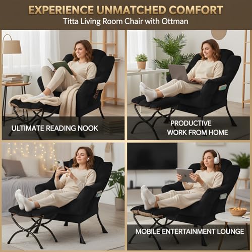 Tiita Lazy Chair with Ottoman, Black Modern Large Accent Chair, Comfy Leisure Sofa Armchair with Ottoman, Reading Chair with Footrest for Bedroom, Living Room, Dorm Rooms, Velvet Black - color: Black