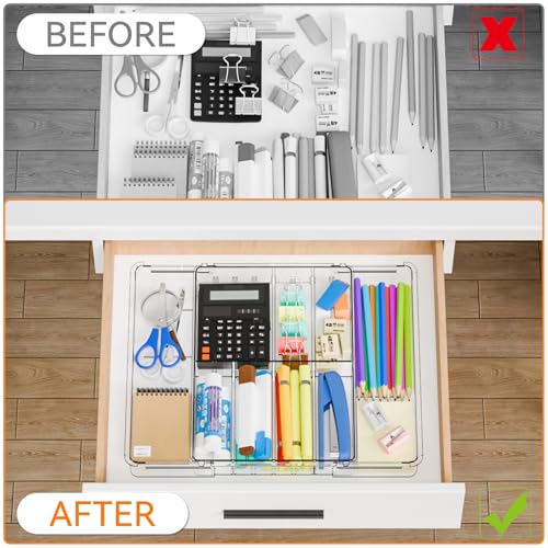 Yieach Expandable Desk Drawer Organizer Tray,1.8 Inch High Junk Drawer Organizer for Kitchen,Clear Shallow Office Drawer Organizers With 10 Compartments for Pencil,Pen,Office Supplies and Accessories - size: M-9.3 to 15.6x12.6x1.8 In