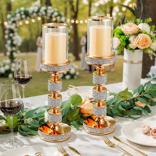 15.9" Tall Pillar Candle Holder with Wind Proof, Metal Hurricane Holders, Crystal Candle Holders for Table Centerpieces, Home Decor, Wedding, Dining Table (2, Gold, for Pillar Candles up to 3"x5") - color: Gold, size: Large