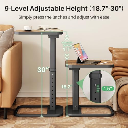 Kitstorack TV Tray Table, Adjustable Height & Flip-Top & Rounded Metal Corners, Snack Table for Couch, Sofa, Bed, Chair, Living Room, C Shaped End Side Table for Eating, Dinner or Laptop, Small Spaces - color: Brown, style: Standard