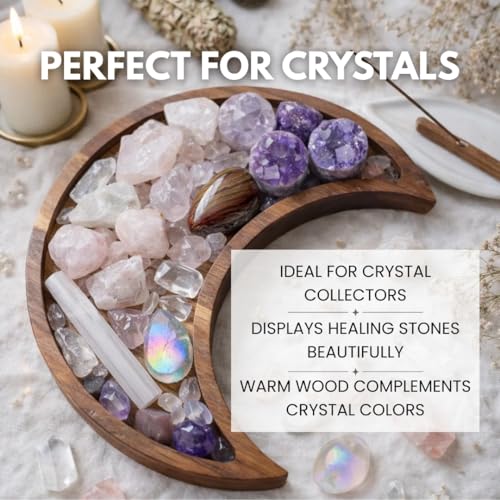 Walnut Moon Crystal Display Tray - Gothic Wooden Altar Tray 9.5" x 4.5" for Crystals and Stones Storage - Solid Wood Jewelry Organizer Dish - Spiritual Decor - color: Walnut