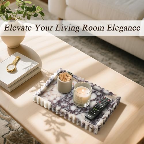 YMXYJM Natural Marble Tray for Bathroom, Real Stone Decorative Vanity Tray with Fluted Edge, Large Marble Serving Storage Tray for Kitchen Counter, Dresser, Home Decor, 11.8" x 8", Calacatta Viola - color: Calacatta Viola Purple