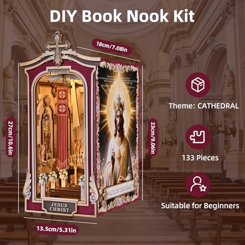 Book Nook Kit, Simple Booknook Bookend, Miniature Dollhouse House Kit for Beginner, DIY 3D Puzzle Model with LED Light and Dust Cover - Jesus Christ Church Cathedral - style: Cathedral