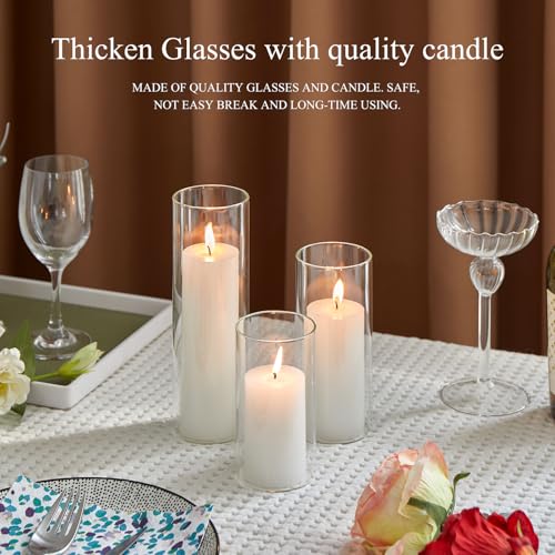 Set of 6 White Pillar Candles with Clear Glass Hurricane Holders- Elegant Cylinder Candle Vases for Weddings, Parties, Centerpieces, Home & Office Decor (White, 6 Set) - color: White, size: 6 SET