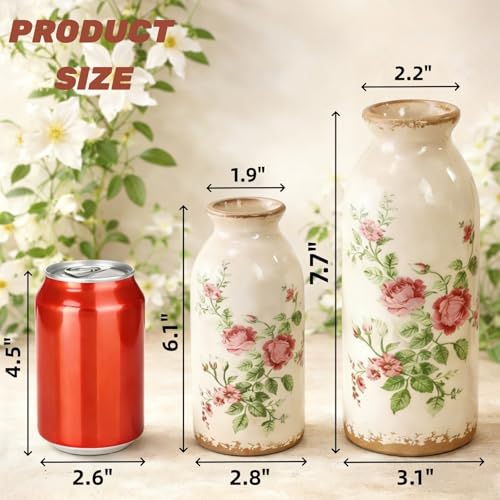 Covzoe Set of 2 Vintage Small Ceramic Vase, Retro Rose Floral Decorative Vases for Table Centerpiece, Mini Bud Vase Art Decor for Home Bedroom, Living Room Office Bathroom, 2 Size