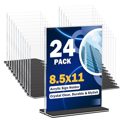 Acrylic Sign Holder 8.5 x 11, 24 Pack Clear Double-Sided Acrylic Display Stand for Vertical Tabletop Use, Perfect for Menus, Flyers, and Paper in Restaurants, Hotels, Office - size: 8.5 x 11