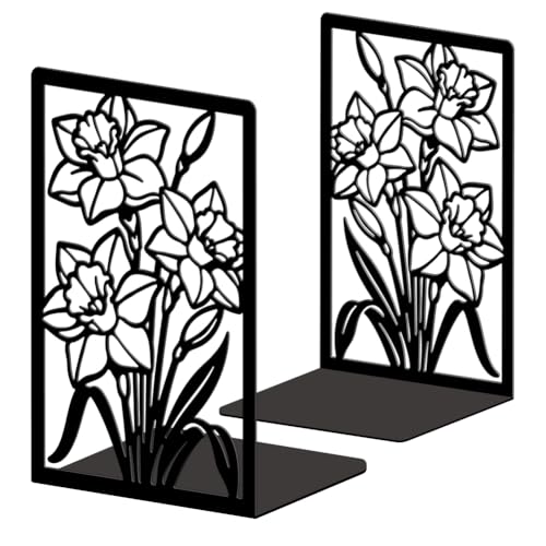 Peacoblue Metal Bookends for Shelves, Modern Decorative Heavy Duty Study Book Ends Stoppers for Office, Desk, Shelf, Room 5.3"x4.3"x7.9" Cast Iron Simple Tall Bookends 1 Pair (Daffodils) - style: Daffodils