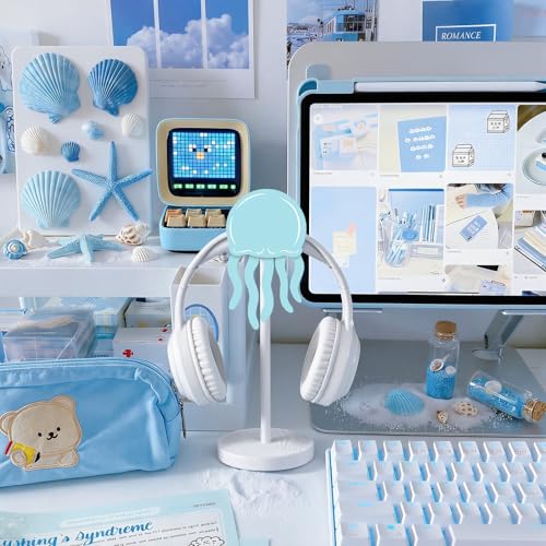 Yookeer Jellyfish Headphone Stand Cute Blue Headphone Stand Decorative Ocean Sea Wood Desk Decor for Gamer Room Office Desk Gaming Gifts for Girlfriend Office Worker - style: Jellyfish