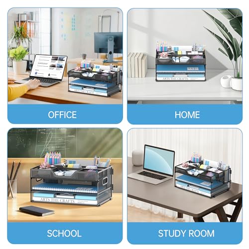 Daltack 3-Tier Desk Organizer with Handle, Mesh Paper Organizer with Pen Holders & Adjustable Compartments & A4/Letter Paper Trays for Home Office Supplies, Black - color: Black With Pen Holders