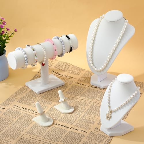 Wenqik 5 Pcs Velvet Jewelry Display Set Necklace Bust Holder T Bar Bracelet Holder Ring Display Stand Jewelry Organizer for Vendors Selling Trade Show Retail Home Decor(Beige) - color: Beige
