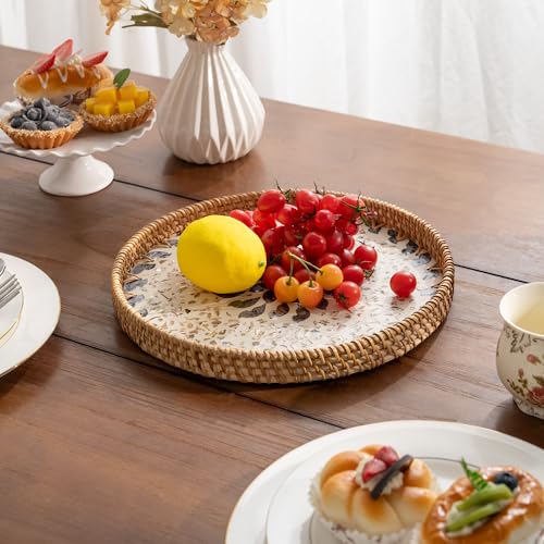 StorageWorks Decorative Coffee Table Trays for Home Decor, Round Rattan Tray with Mother of Pearl Inlay, Small Wicker Woven Serving Tray Decor for Kitchen Counter, Living Room and Ottoman, Blue - color: Blue Petal, size: 11.8"