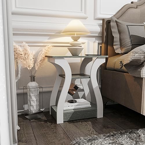 FROMJBEST End Tables Living Room, Grey End Table with Charging Station, Grey Side Table, Nightstand for Bedroom, 3 Tier End Table with Storage Shelf for Living Room - color: Grey