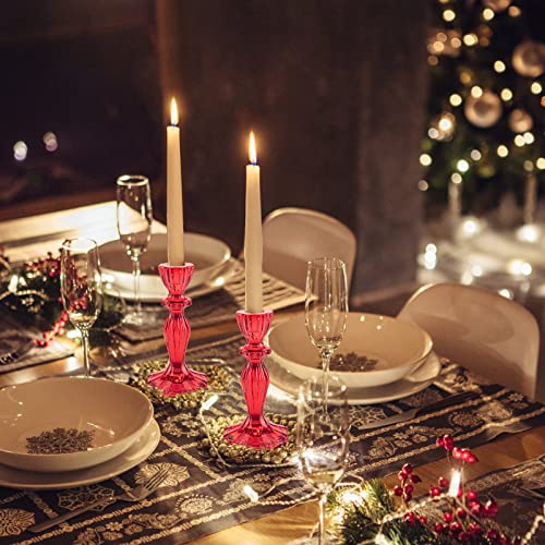 Glass Candle Holders, 2PCS Wide Base Candlestick Holder Decorative Candle Stand Table Centerpieces for Wedding Birthday Halloween Christmas Party, Red - color: Red
