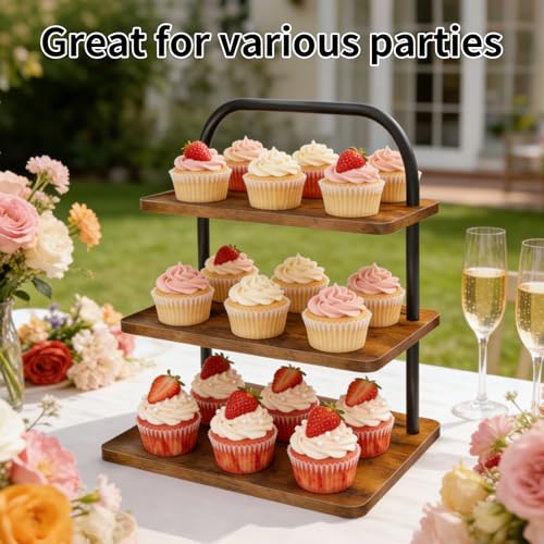 Cupcake Stand, 3 Tier Large Cupcake Stand Rustic Stepped Cupcake Display Stand Square Wood Dessert Table Display Set Cupcake Tower Tiered Tray Stand for Wedding Birthday Graduation - color: Brown
