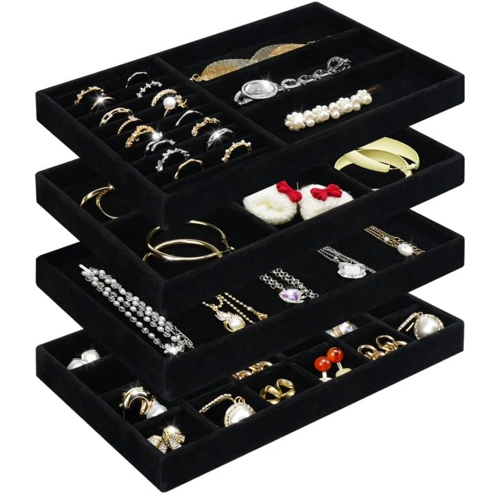 Cirhy 4 Stackable Jewelry Trays Organizer Set for Drawer, Jewelry Organizers and Display Case Storage, Velvet Drawer Inserts Organizer for Necklace Bracelets Earrings Organizer, Gift For Her, Black - color: black