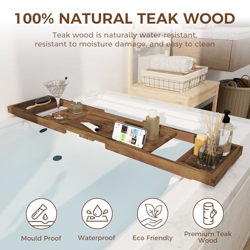 Teak Bathtub Tray - Luxury Bath Tray with Expandable Handles, Wine Glass and Phone Holders, Book Stand - Perfect for Home Spa Relaxation and Reading - Natural Bath Accessories - Dark Walnut Color - color: Dark Walnut-expandable