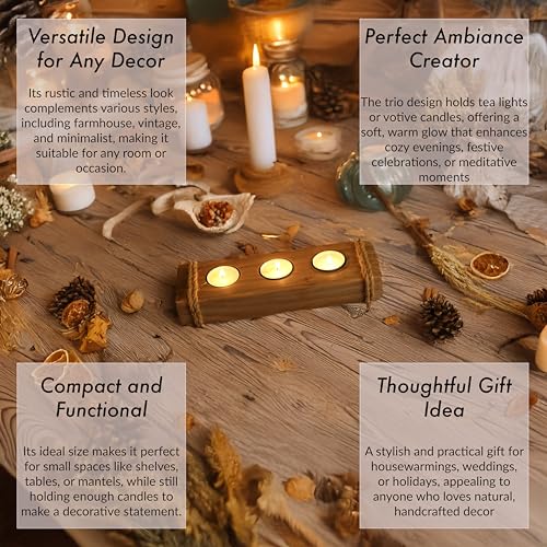 Wooden tealight Candle Holder - Rustic Tea Light Holder - Cool Wood Farmhouse Table Decor - 3 Tea Lights Candle Holder Tray - Cute Brown Tea Candle Holders