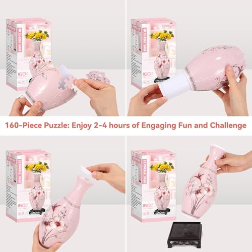 3D Puzzles Vase for Adults, Birthday Gifts for Women, 160 Pieces Plastic DIY Unique Flower Vase with LED Light, Crafts for Adults House Warming Gift for Flower Arrangements and Home Decor (Pink) - color: Pink