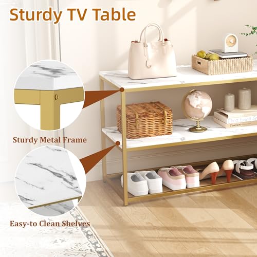Function Home TV Stand for TVs up to 50 Inch, 2 Tier Entertainment Center, Modern TV Cabinet with Marble Top and Gold Metal Base, 42" Media Console Table with Storage for Living Room Bedroom - color: 42" Gold