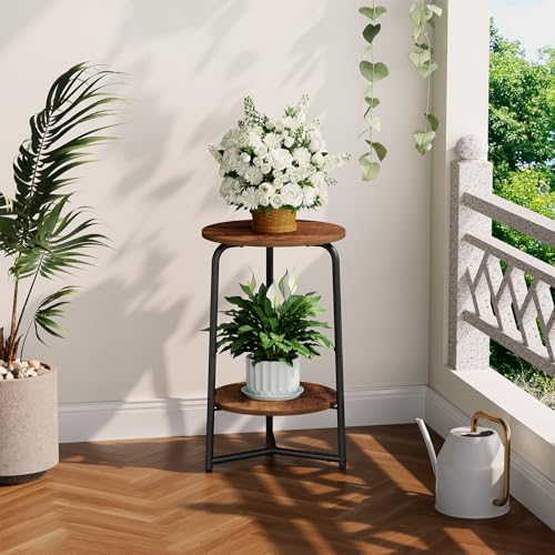 YINMIT Plant Stand Indoor, 2 Tier Small Plant Stand, Metal Wood Plant Shelf Holder, Corner Flower Pot Stands for Balcony Garden Patio Living Room, Rustic Brown Flower Stand for Indoor Plants