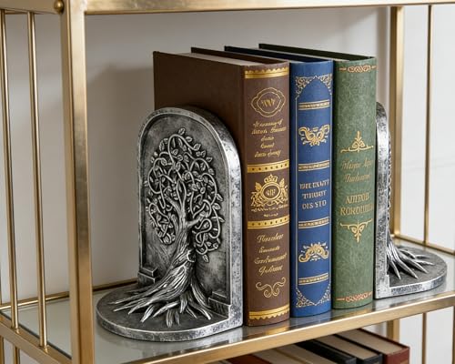 Tree of Life 3D Bookends with Intricate Details, Solid Resin Construction Non-Slip Design, Metallic Silver Decor for Home Library, Office - color: Metallic Silver