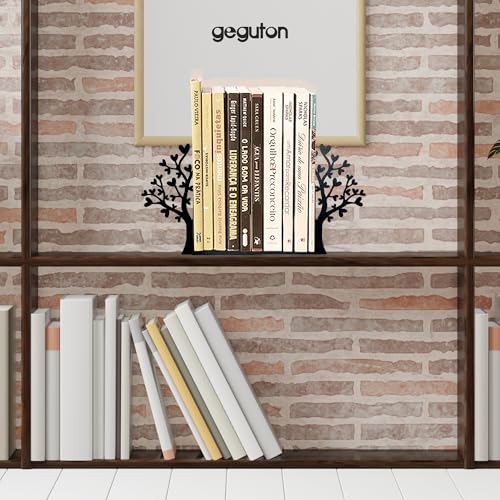 Tree Bookends with Heart-Shaped Leaves - Steel with Epoxy Coating and Wood Base - Decorative Pair of Book Holders for Shelves and Desk - Black – Geguton - color: Flower-heart Tree - Black