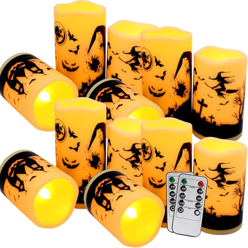 12-Pack Halloween Ink Painting Large Electronic Waxes with Remote Control, Flameless LED Candles for Halloween Spooky, Halloween Ambient Sense Artifacts. - color: 12Pack-halloween