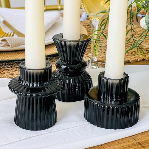 Kate Aspen Vintage Ribbed Glass Black Candlestick Holders, Pillar Candle, Tealight & Votive Candle Holders (Set of 6, 3 Assorted Sizes), Dining Table Decor, Shelf Decor, Centerpiece - color: Black