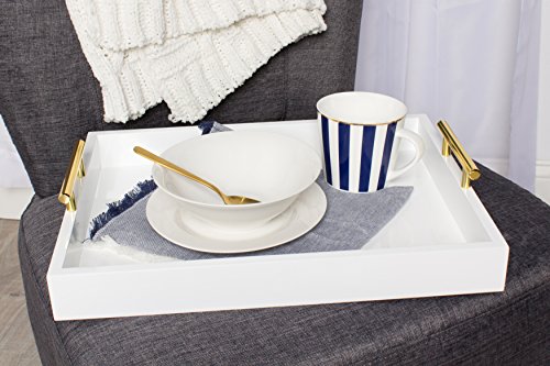 Kate and Laurel Lipton Decorative Tray with Polished Metal Handles, White and Gold - color: White/Gold, size: 16.5" x 12.3" x 3.3"